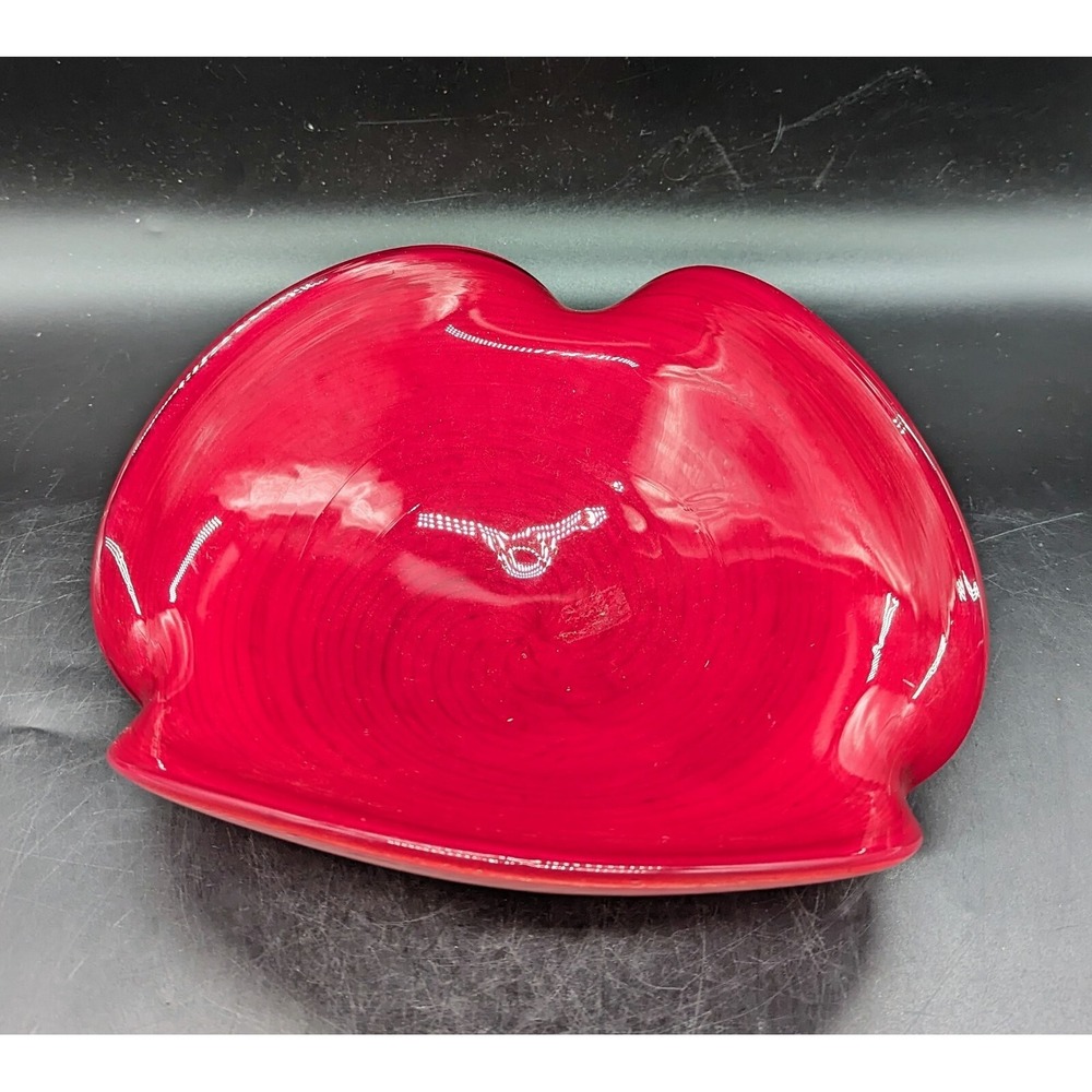 Vintage Mid Century Modern Hand Blown Art Glass Ruby Red Cased Bowl Dish 8.75"